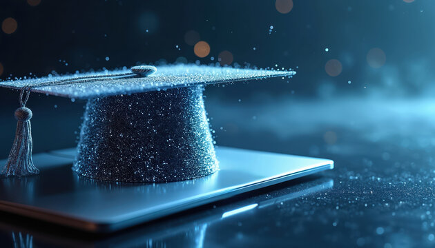 Graduation cap sparkles on laptop. Digital degree, online education, e-learning, virtual university, college success. Future tech, academic achievement, modern study, smart learning.