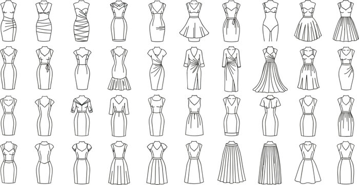 Women dress vector outline set with various fashion styles, elegant clothing silhouettes collection, female apparel design templates isolated on white background.