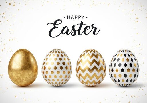 A festive happy easter greeting card featuring four elegant decorated golden and white eggs