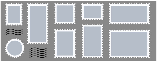Obraz premium blank postage stamp vector set with postmark and frame templates, isolated 