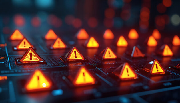 Multiple glowing warning icons on a dark digital screen indicate system alerts. Many alerts signal critical issues or urgent notifications requiring immediate attention from IT staff.