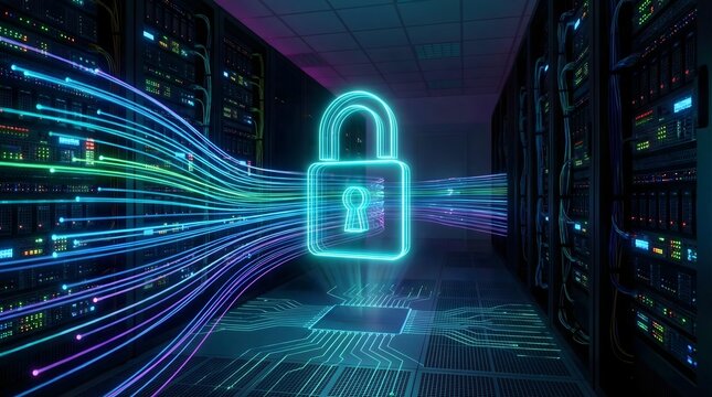 A glowing neon cyan holographic padlock floating in a dark server room with fast sweeping fiber optic lines