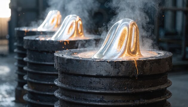 Closeup of billet molds filled with molten aluminum capturing the precise casting process and smooth ingot formation in an industrial setting.