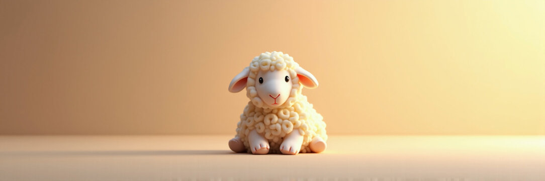 Cute sheep figurine sitting on soft beige surface with warm lighting. This adorable sheep is perfect for decoration and adds charm to children's rooms. Concept cute sheep for home decor and gifts.