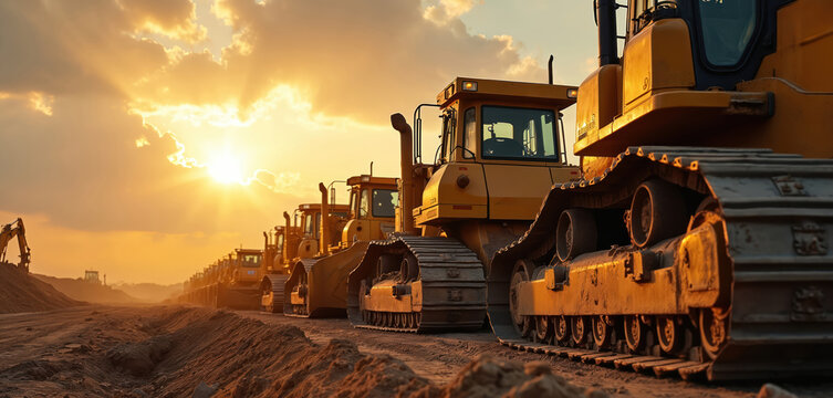 Yellow bulldozers lined up at construction site during sunset. Heavy machines prepare for work on dirt ground. Orange sky glows with sunrays on equipment.