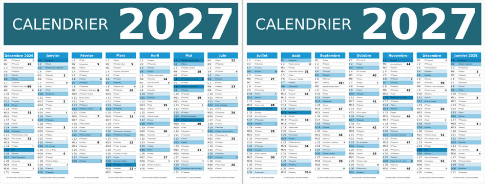 Calendrier 2027 14 mois au format 320 x 420 mm recto verso enti&egrave;rement modifiable via calques et texte sans serif