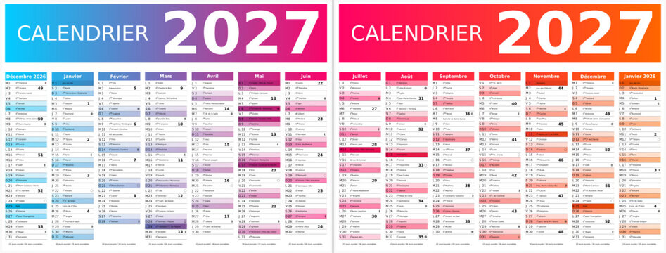 Calendrier 2027 14 mois au format 320 x 420 mm recto verso enti&egrave;rement modifiable via calques et texte sans serif