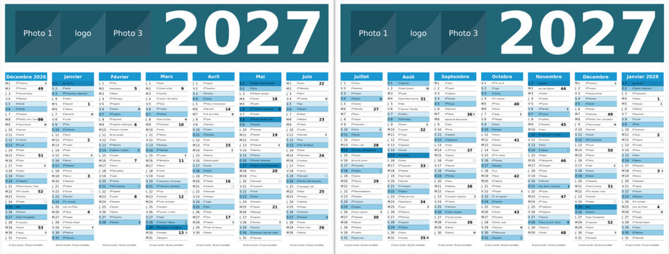 Calendrier 2027 14 mois au format 320 x 420 mm recto verso enti&egrave;rement modifiable via calques et texte sans serif