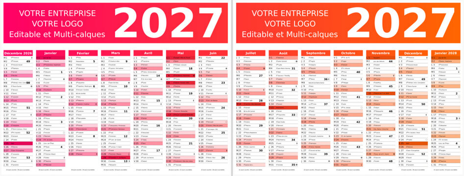Calendrier 2027 14 mois au format 320 x 420 mm recto verso enti&egrave;rement modifiable via calques et texte sans serif