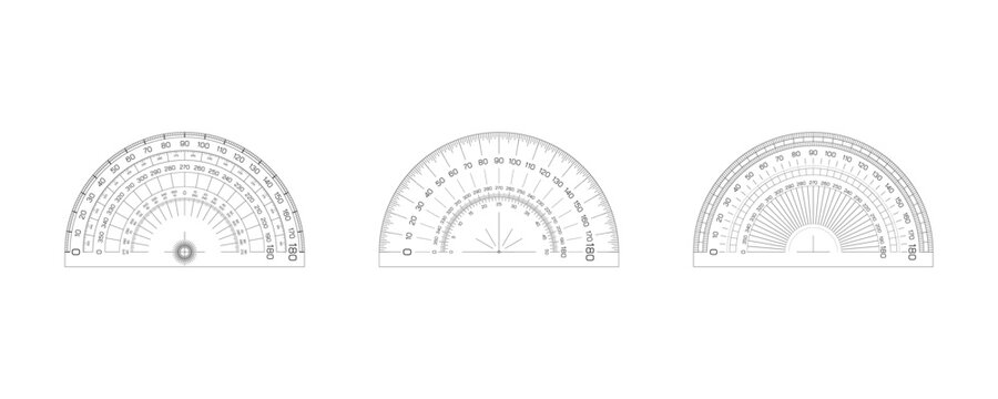 Set of detailed protractor tools with precise degree markings, ideal for geometry, engineering, education, and technical drawing on a clean background