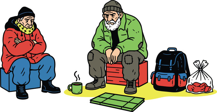 Flat design homeless man and woman sitting with backpack cup and blanket in cold weather