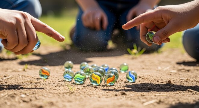 Children playing marbles on ground.