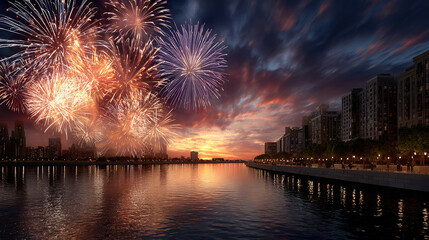 Fototapeta premium Festive fireworks illuminating a city skyline over a tranquil river at dusk, celebrating a special event with vibrant lights reflecting on the water and a colorful sky