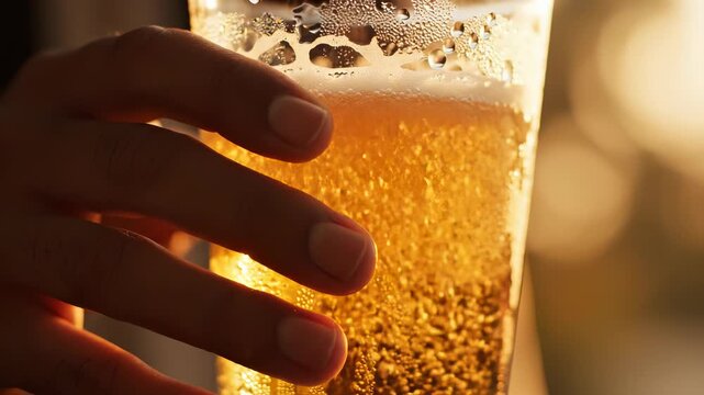 Hand holding glass of refreshing beer. Bubbles rise in golden drink during sunset. Perfect for social gatherings and celebrations. Enjoyment of beer brings happiness and relaxation.