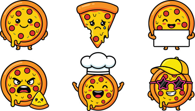 Cute pizza character sticker set six expressions smiling chef sunglasses holding blank sign