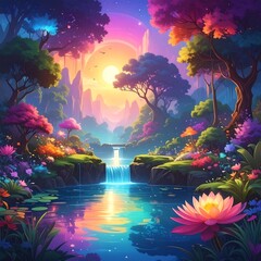 Obraz premium A vibrant, colorful landscape painting with a serene pond, waterfalls, and lush vegetation under a radiant sunset