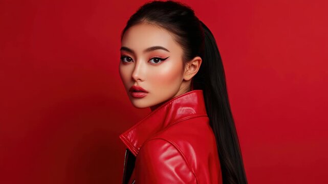 Woman in red jacket posing with red background. Makeup accentuates features.