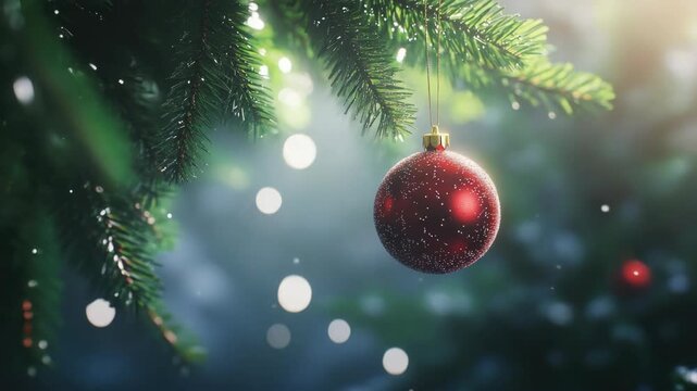 Shiny red bauble on branch with snowflakes falling around it, evoking holiday season atmosphere.