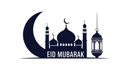 A dark blue eid mubarak graphic featuring a crescent moon and mosque a striking silhouette © nhpvect02