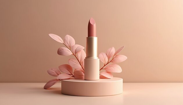 Lipstick stands on beige podium with soft pink leaves. Neutral background, elegant cosmetic product for beauty ads, fashion blogs, and makeup tutorials. Gentle, minimalist display.