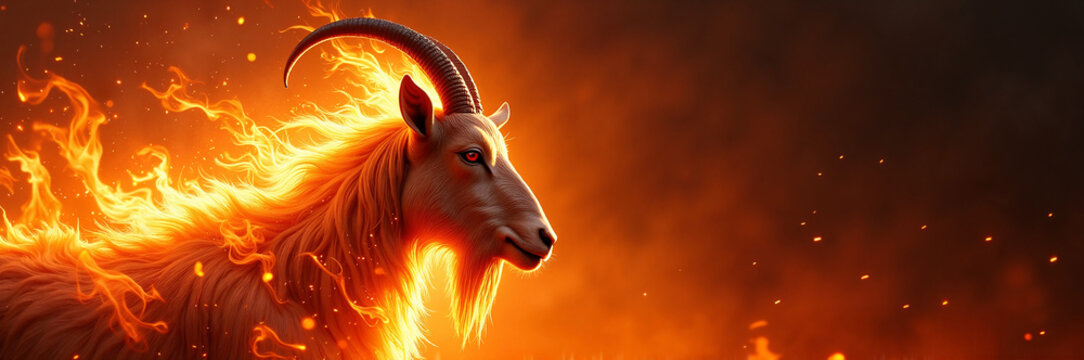 Fiery goat with glowing flames surrounding its body, majestic horns accentuating its fierce presence. Goat stands proud against the backdrop of intense heat,
