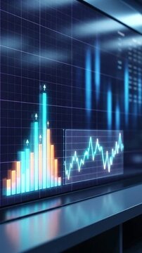 Futuristic Digital Financial Data Display with Growing Bar and Line Graphs
