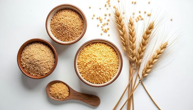 Collection of various whole grains in ceramic bowls with wooden spoon and wheat stalks. Cereals ready for cooking healthy meals. Natural food ingredients on white.