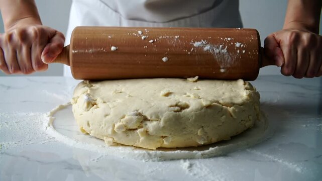 Culinary artistry unfolds as skilled hands gently flatten fluffy dough with a rustic wooden pin on a pristine countertop