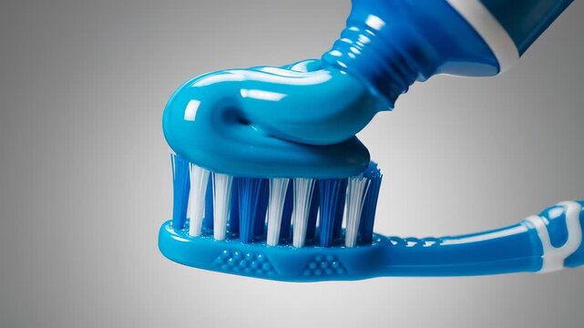 Toothpaste application on toothbrush, personal hygiene routine. Bright blue toothpaste enhances daily oral care. Fresh breath, clean teeth achieved with ease.