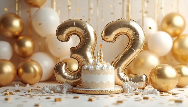 Golden number 32 balloons and decorated cake set for celebration. White and gold balls fill background. Confetti scatters on table. Festive party event.