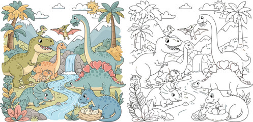 Cute Cartoon Dinosaur Park with Various Species Adorable Prehistoric Landscape © Snehashish Pritom