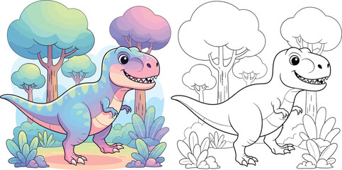 Obraz premium Cute Cartoon T Rex Dinosaur in Fantasy Forest Adorable Prehistoric Wildlife Illustration