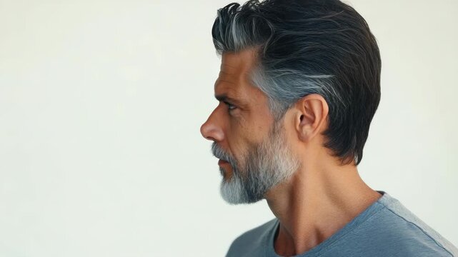 The video features a person's profile view with an intense gaze directed to the side. The individual has short, dark hair with some gray at the temples and stubble on the face.