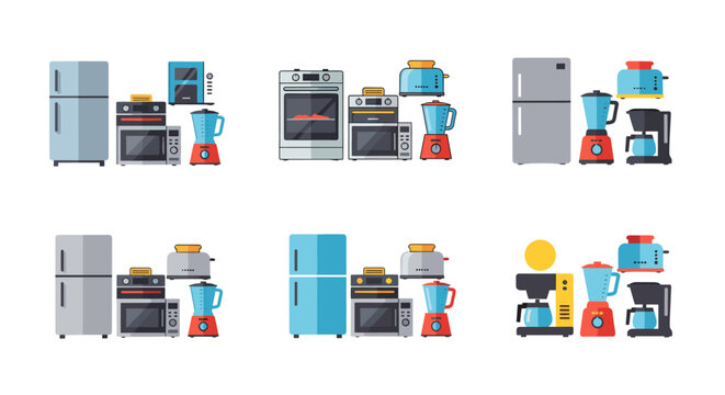 Collection of modern kitchen appliances including refrigerators, ovens, microwaves, blenders, and toasters