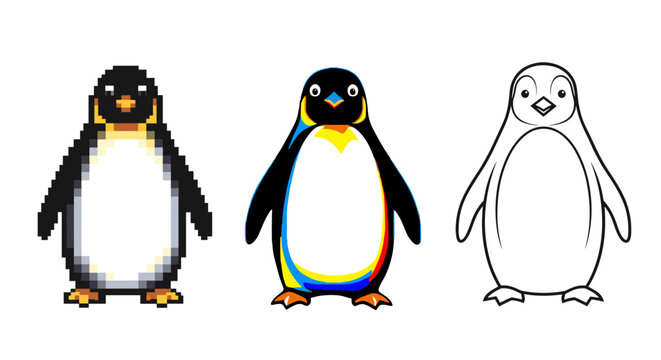 Three distinct penguin illustrations: pixel art, glitch effect, and outline drawing