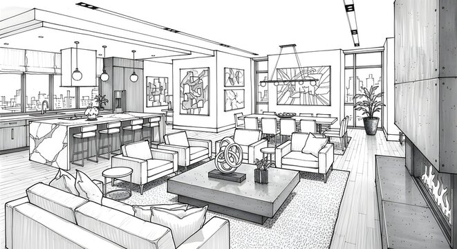 Detailed Architectural Sketch of a Modern Open-Plan Living Space with Kitchen and Dining Area.