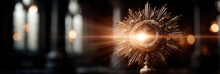 Golden monstrance holding the holy sacrament, representing spiritual devotion, Catholic faith, and sacred reverence, resting on a stone altar with a blurred church interior and warm ambient light