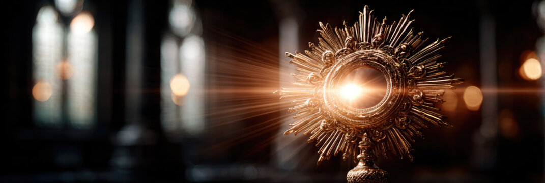 Golden monstrance holding the holy sacrament, representing spiritual devotion, Catholic faith, and sacred reverence, resting on a stone altar with a blurred church interior and warm ambient light