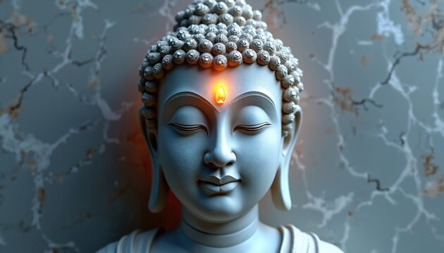 Close-up of serene Buddha statue head. Face shows peaceful meditation, third eye glows with light. White sculpture art on marbled wall background, spiritual decor element.