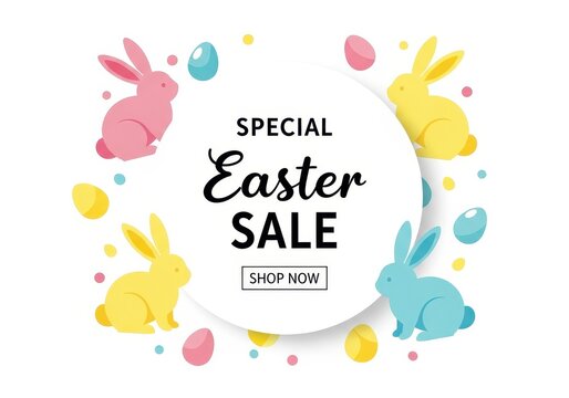 A festive special easter sale promotional banner featuring colorful bunnies and painted egg icons