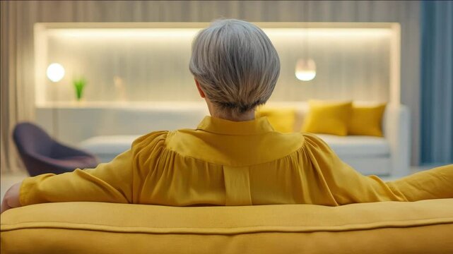 A woman in a yellow blouse sits thoughtfully on a modern couch.
