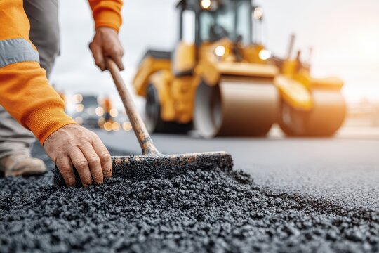 Close-up of road worker using a lute to smooth asphalt, preparing surface for paving, and ensuring a seamless finish for the road construction project.