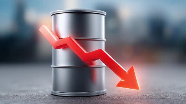 Oil price decline due to high supply shown by metal barrel with red downward arrow symbolizing market drop economic loss