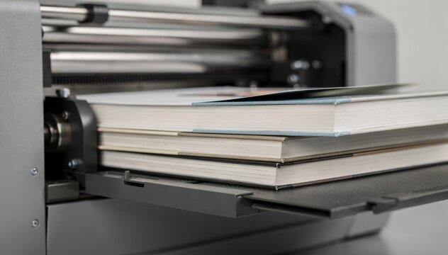 Focused view of a compact printer producing selfpublished books highlighting crisp cover details and blurred press mechanics symbolizing rapid microprinting workflows.