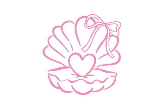 Cute pink seashell with a heart inside and a ribbon bow, vector illustration for romantic design
