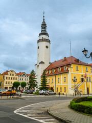 Fototapeta premium 2025-07-18; Historic town hall with clock tower in Mirsk, Poland.