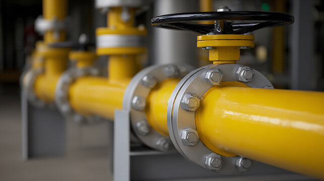 Industrial Gas Pipeline System: Yellow Pipes, Valves, and Fittings in a Plant Setting for Energy, Infrastructure, and Utility Concepts