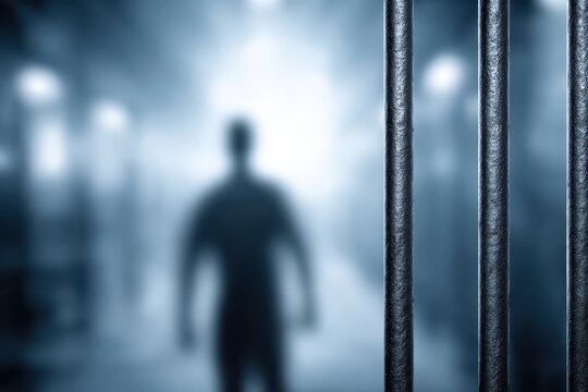 A blurred figure standing in a hallway, seen through prison bars, creating a dramatic and unsettling image with a strong sense of confinement and mystery.