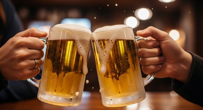 Two hands holding beer mugs together.