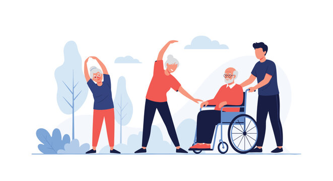 Group of active seniors performing stretching exercises in a park with a young caregiver assisting a man in a wheelchair.